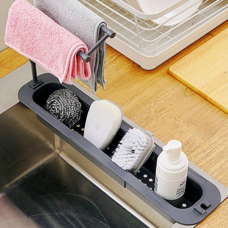 

Телескопическая стойка для раковины, бытовой держатель для мыла, губки, полотенец, регулируемый держатель для хранения смесителя, сливная к...