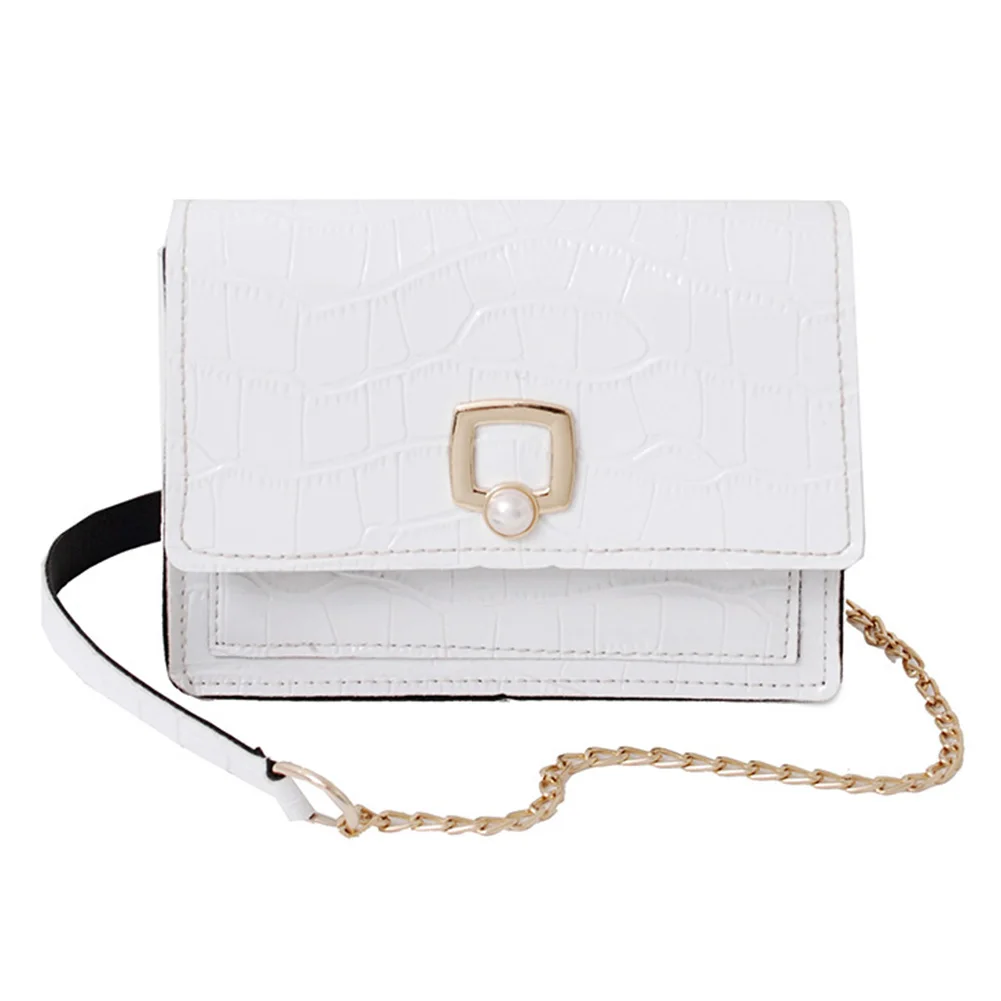 

Youth Ladies Simple Versatile Bag Casual PU Stone Shoulder Chain Purse Retro Female Party Pearl Hasp Crossbody Bag