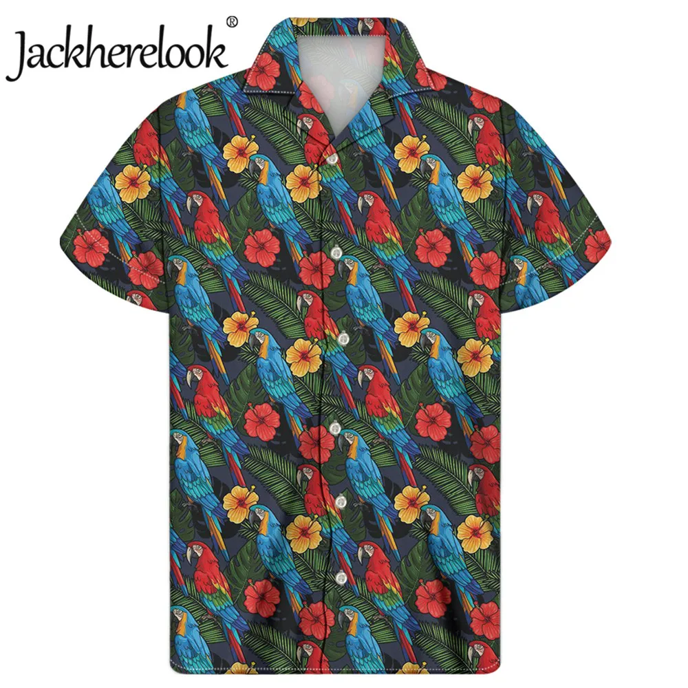 

Повседневные пляжные Гавайские рубашки Jackherelook, летняя мужская одежда с цветочным рисунком попугая, птицы, топы на пуговицах, рубашка для му...