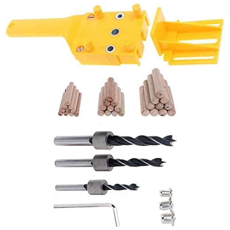 

37Pcs Handheld Woodworking Jig Kit Fits 6mm 5/16 inch 3/8 inch Drill Guide Metal Wood Drilling Doweling Hole Saw Tools