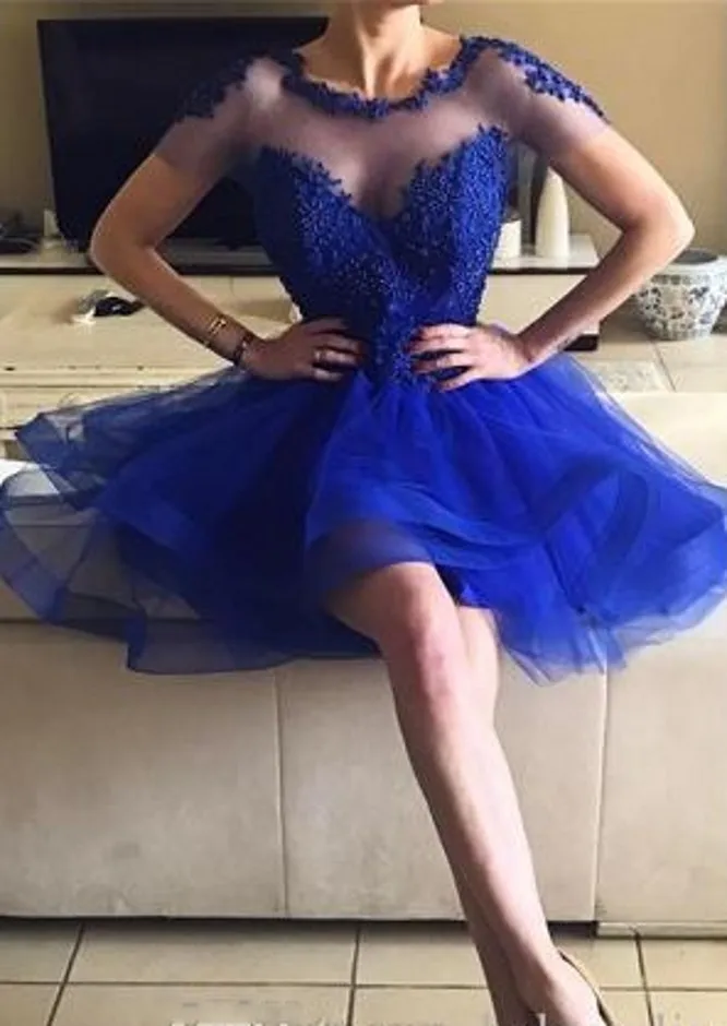 

2020 Hot Sheer Jewel Neck Royal Blue Homecoming Dresses Short Sleeves Appliques A Line V Cut Backless Cocktail Party Dress