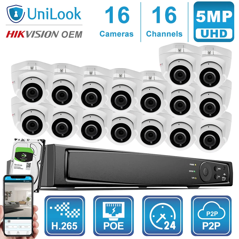 

UnILook 16CH NVR 8/10/12/16 шт. 5 Мп мини купольная POE ip-камера NVR комплект системы безопасности ночное видение Обнаружение движения H.265 P2P