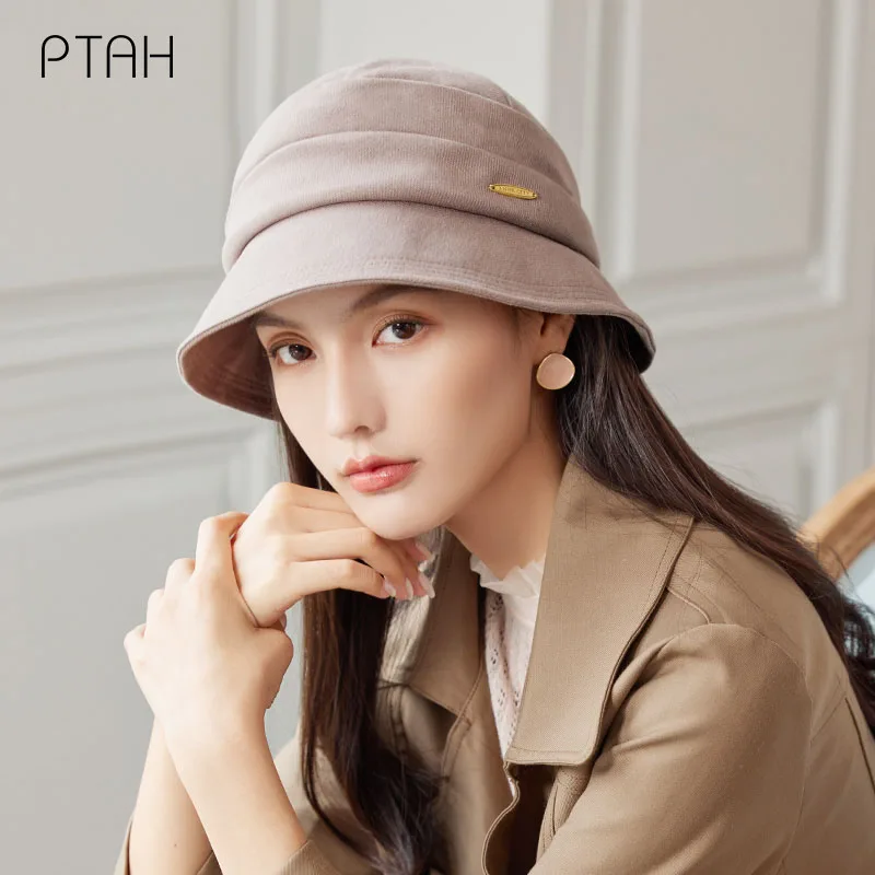

[PTAH] Wool Octagonal Hats Women Accessories British Style Vintage Church Hats Autumn Winter Fedoras Extra Wide Brim Hats Ladies