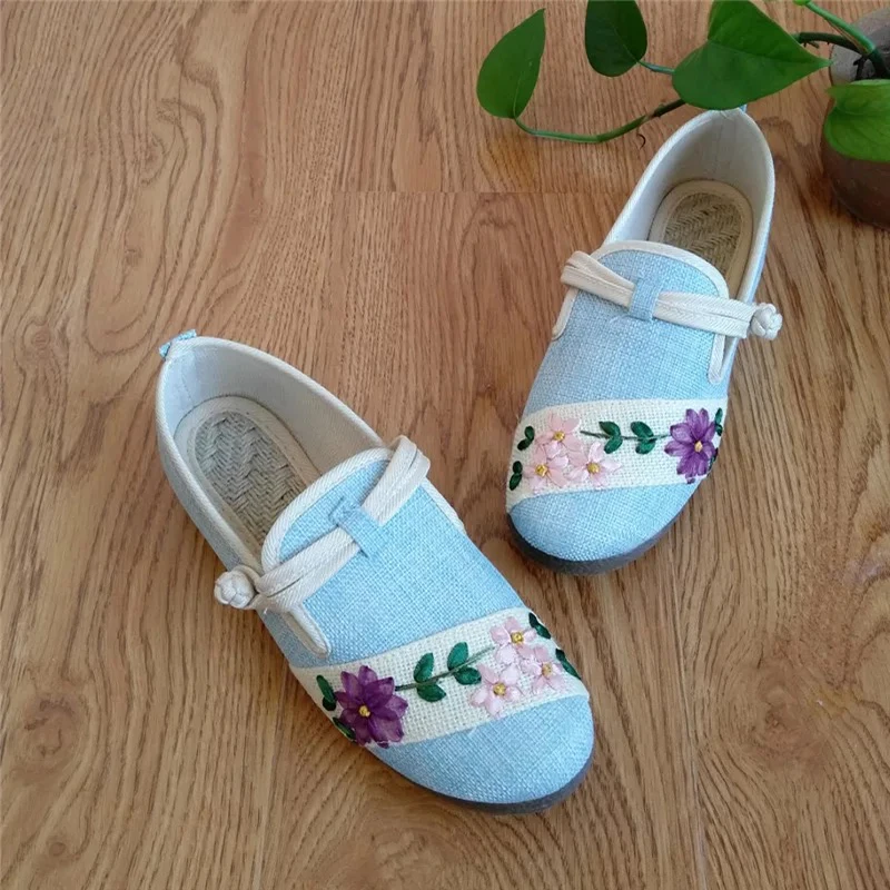 

Women Handmade Embroid Flats Retro Flax Insole Tai Chi Exercise Loafers Breathable Comfy Slip-On Walking Shoes Fashion Footware