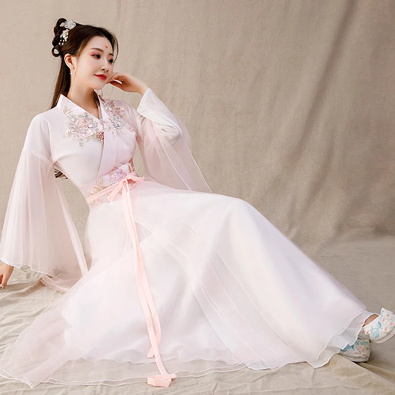 

Chinese Style Summer Women Hanfu Classical Stage Costume Movie Tv Drama Chinese Dress Girl Large Size Chiffon Lace Pink Skirt