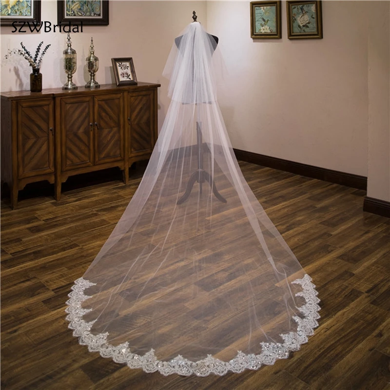 

New Arrival Two-Layer Lace Sequin Wedding Veils Applique Bridal Veil Wedding Accesorios Bridal Headwear Novia Velos Voile Wesele