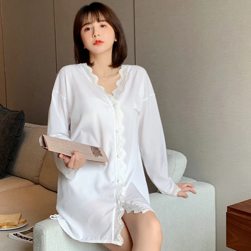 

sexy Shirt Nightdress for Female Lace long sleeves Satin Nightgowns Chemise Femme Plus Size 5xl Night Shirt Home Sleepwear