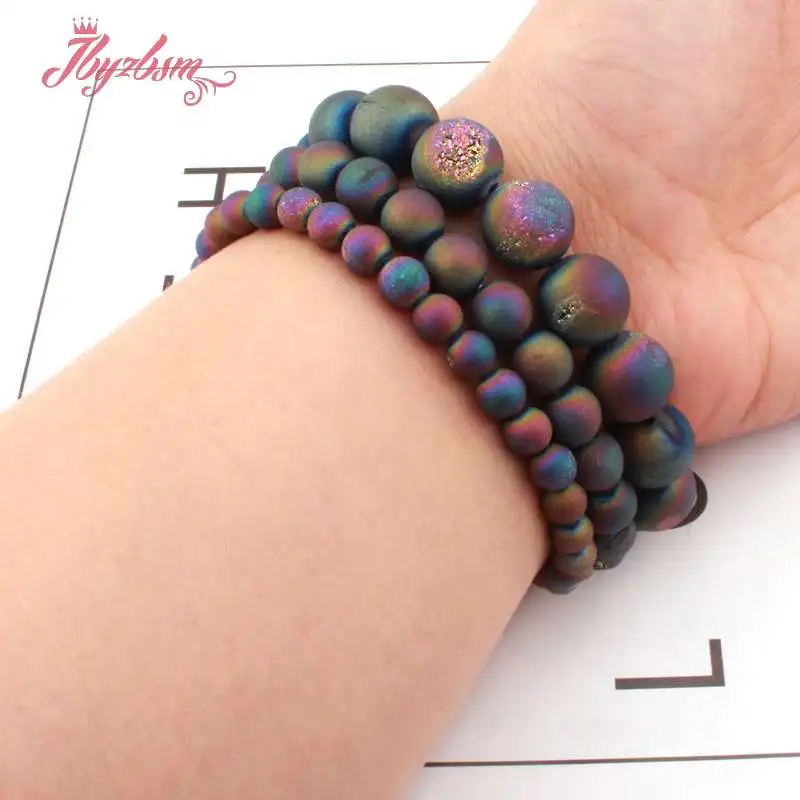 

8,10,12mm Round Beads Rainbow Metallic Coated Druzy Agates Stone Beads For Necklace Bracelets Jewelry Making 15"