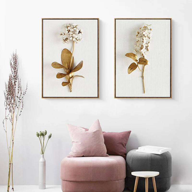 

Modern Decorative Canvas Painting Golden Plant Leaves and Flowers Wall Art Picture Living Room Wall Painting Decoration