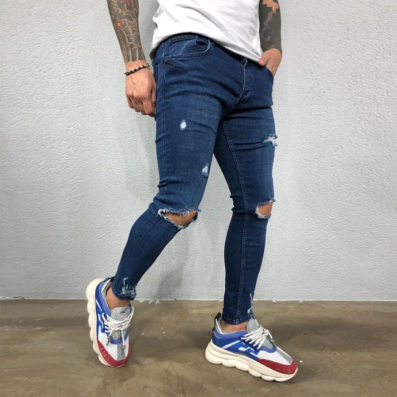 Men Jeans Knee Hole Ripped Stretch Skinny Denim Pants Solid Color Black Blue Autumn Summer Hip-Hop Style Slim Fit Trousers S-4XL