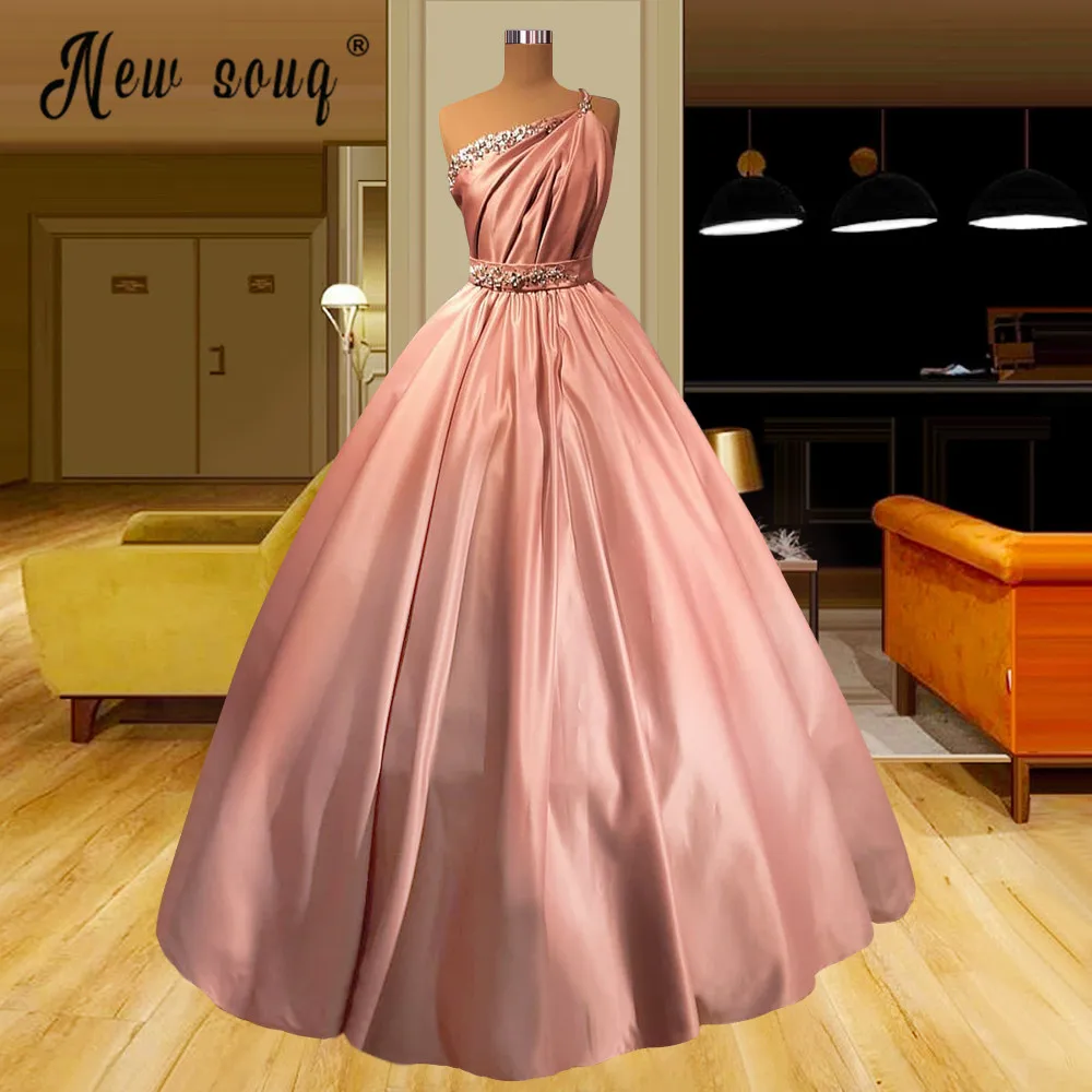

One Shoulder Crystals Pleated Ball Gown Prom Dress Fashion Pink Quinceanera Dresses Sweet 16 Dress Women Formal Gowns