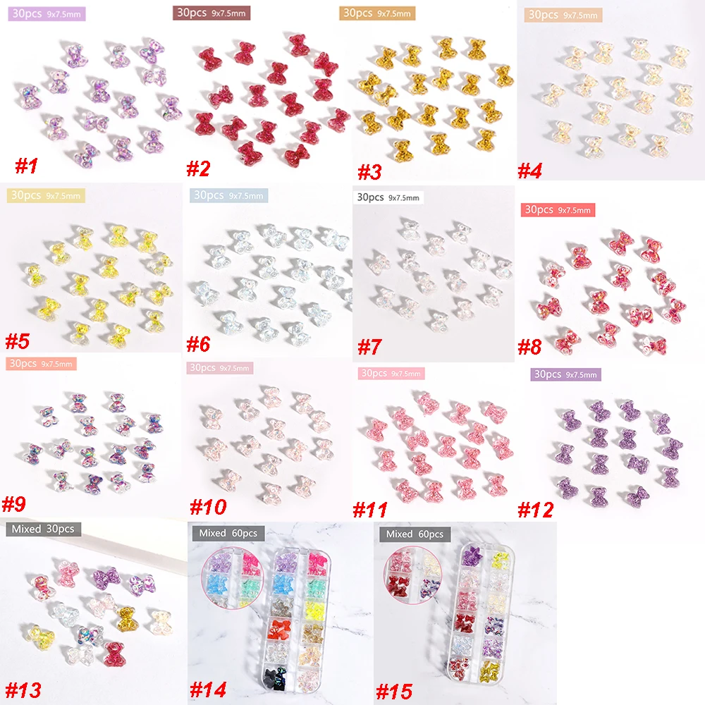 

30/60 Pcs 3D Mini Cute Aurora Bear Nail Ornaments Sparkly Colorful AB Crystal Manicure Jewelry DIY Nail Art Decorations