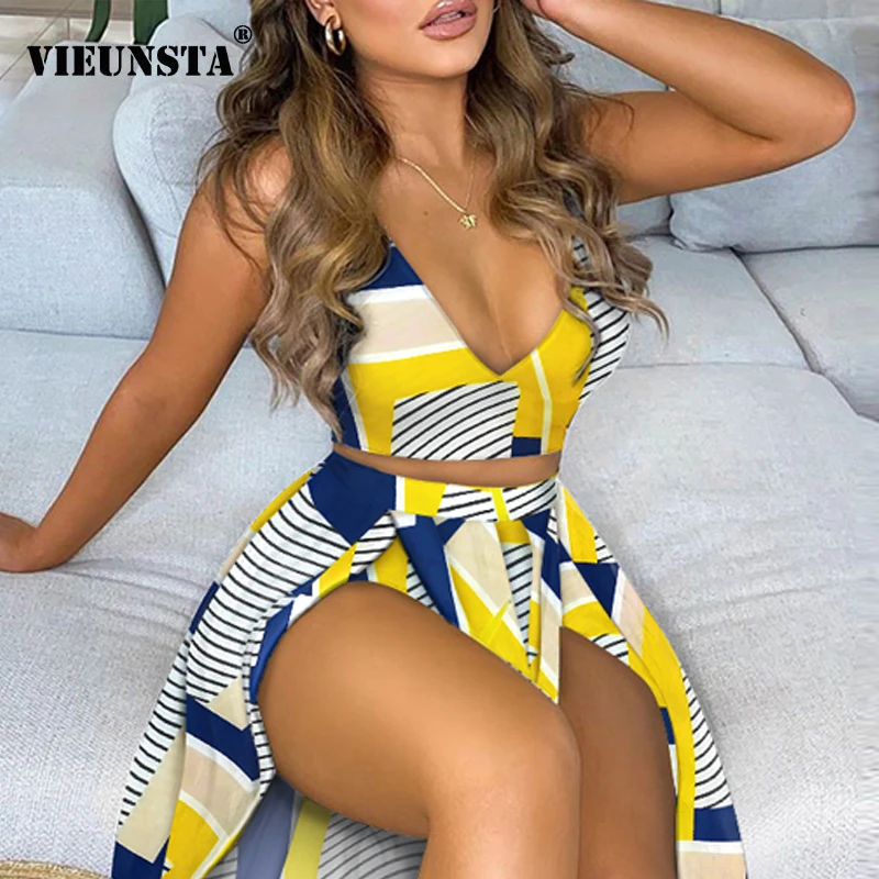 

Women Sexy Floral Print Two Piece Set 2021 Summer Sleeveless Strap Vest Tops and Split Skirts Suit Spring V-neck Hollow Out Sets