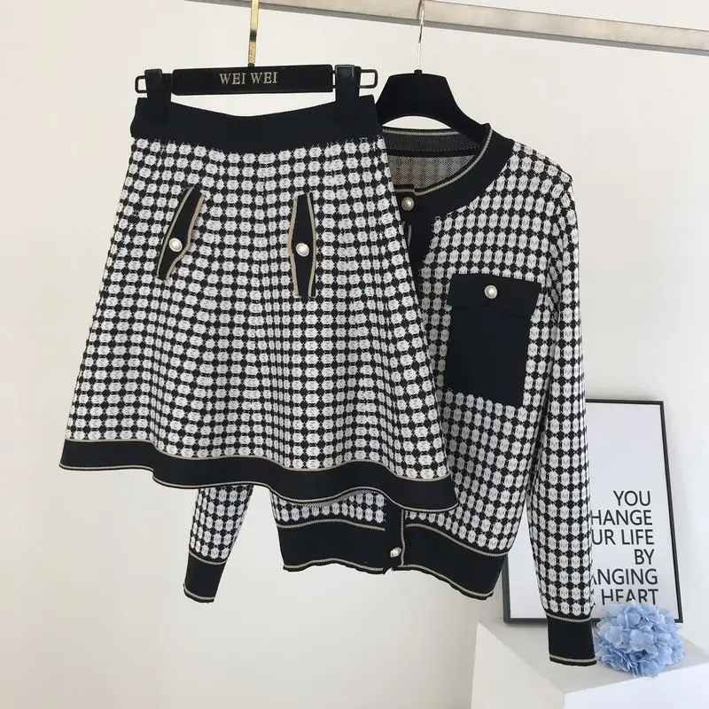 Женский вязаный клетчатый кардиган DEAT трапециевидная короткая мини-юбка с