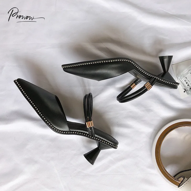 

Prowow Fashion Genuine Leather Women Summer Gladiator Sandals Black Pointed Toe Slip On Women Sandals Ladies Party Shoes Woman