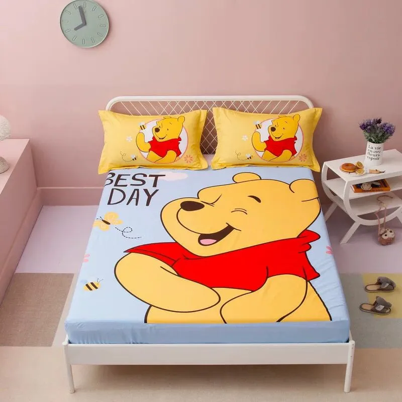 Winnie the Pooh Disney Bed Sheet Set Single Twin Size Fitted Elastic Band Queen King Bedroom Decor Cotton Pillow Case Kids  Дом и