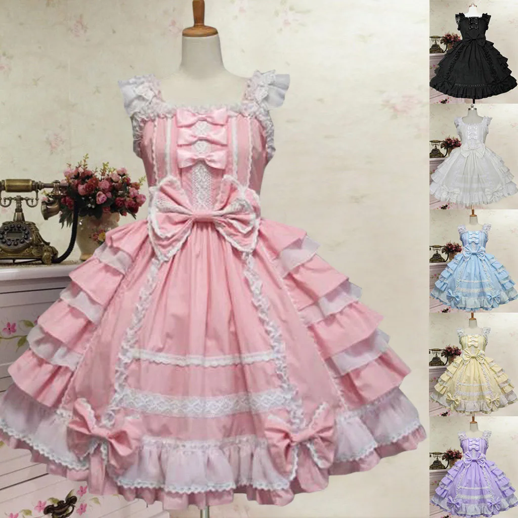 

Fashion Women Vintage Gothic Bow Lace Flounce Long Sleeve Patchwork Dress