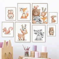 kawaii bear deer bunny fox squirrel raccoon owl wall art canvas painting nordic posters and prints wall pictures kids room decor