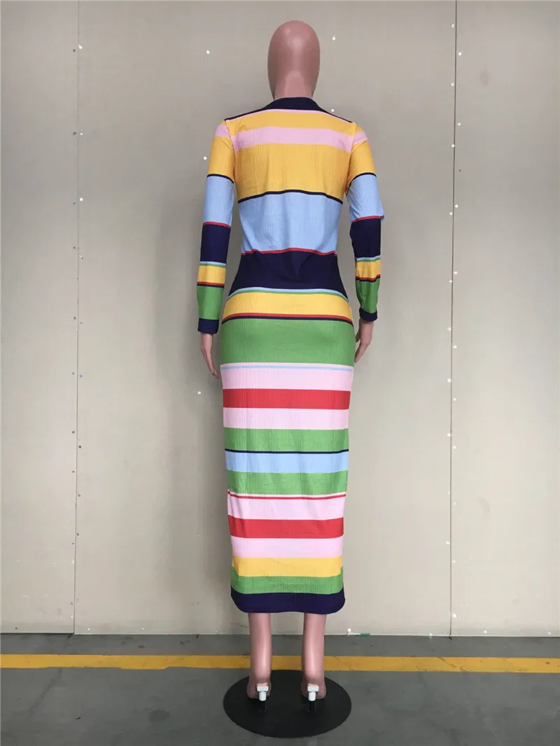 Женское платье-макси в радужную полоску с длинным рукавом | Женская одежда