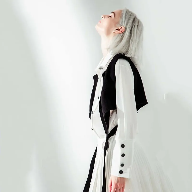 [EAM] 2021 Новинка весна осень отворот длинный рукав черный жилет стежка лента Свободная рубашка из двух частей