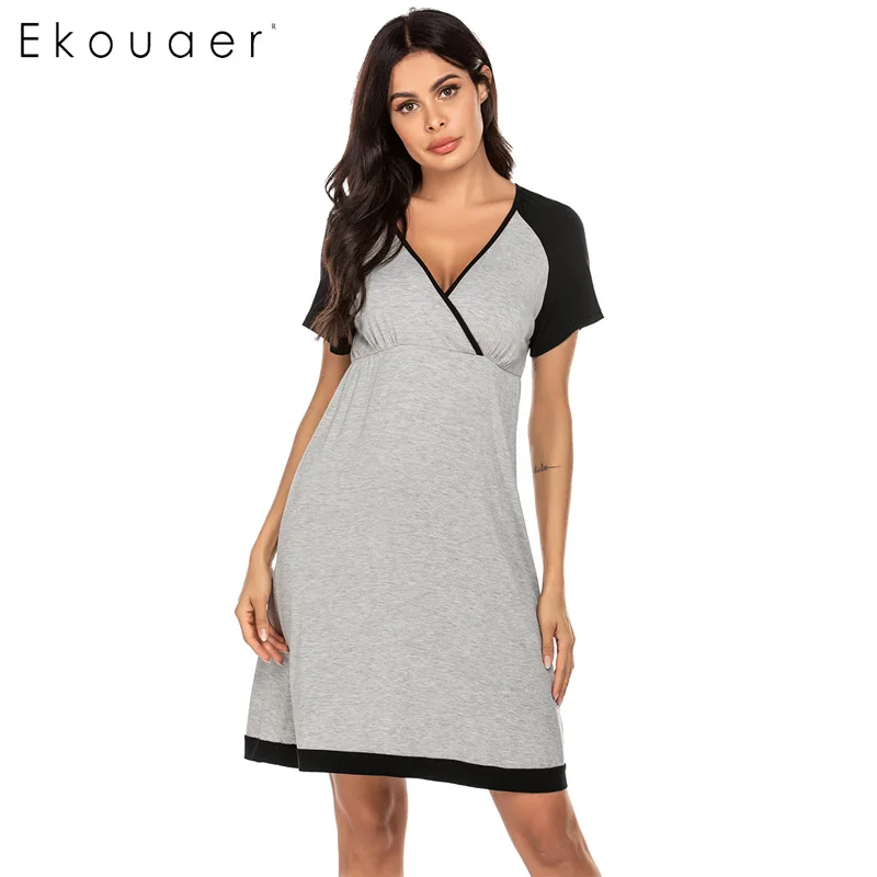 light gray Ekouaer повседневное летнее Ночное платье Удобная Ночная сорочка с короткими рукавами и v-образным вырезом Ночная сорочка женские ночные рубашки - Цвет: light gray