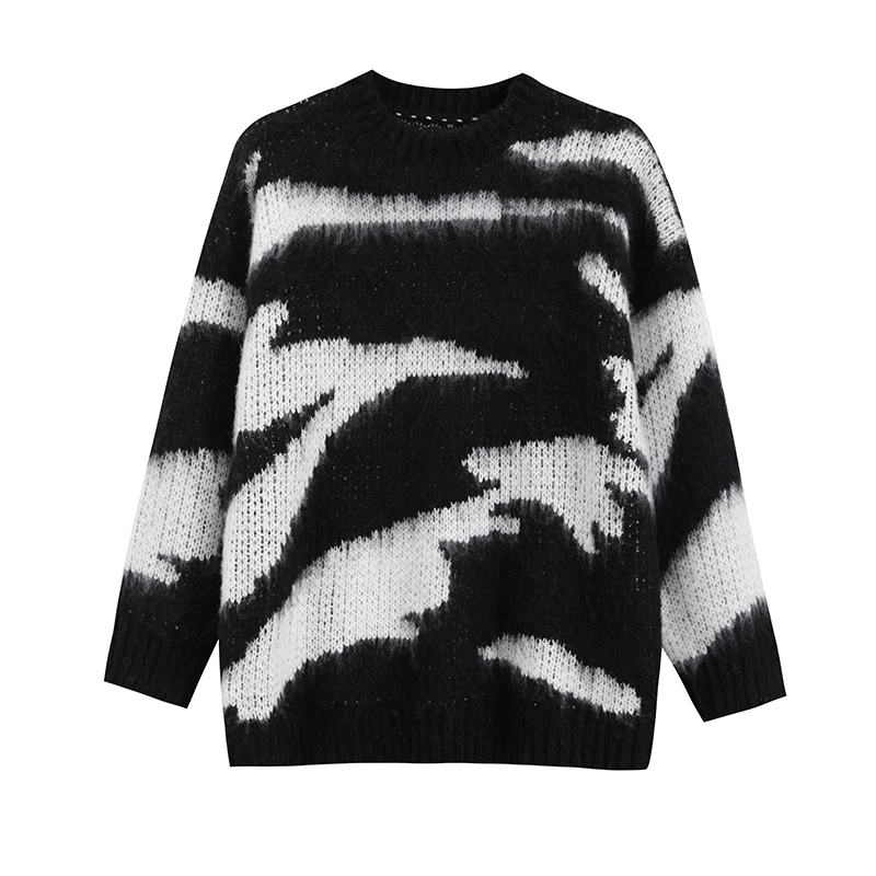 

White And Black Loose Knitting Women Sweater Pullovers O-Neck Long-Sleeved Sexy Club Style Female Pulls Outwear Tops