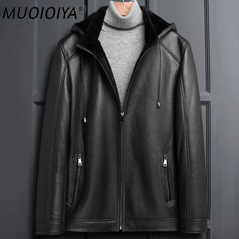 

MUOIOYIA Natural Fur Coat Male 2022 Winter Black Hooded Sheepskin Leather Jackets Sheep Shearing Liner Coat Abrigo Hombre Gmm394