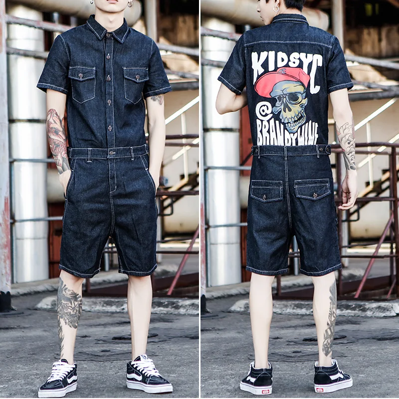 Jeans Jumpsuit Short Sleeve Men One Piece Overalls Punk Skull Print Mens Denim Rompers Jumpsuits 2022 New Summer Male Sets 4XL