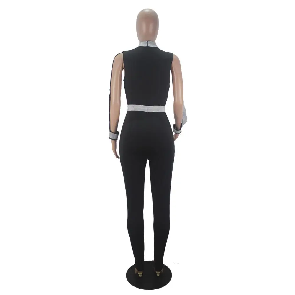 Adogirl Women Solid Sleeveless Silver Striped Splicing Jumpsuit Cut Out Sleeve Bodycon Playsuit Fashion Streetwear Romper