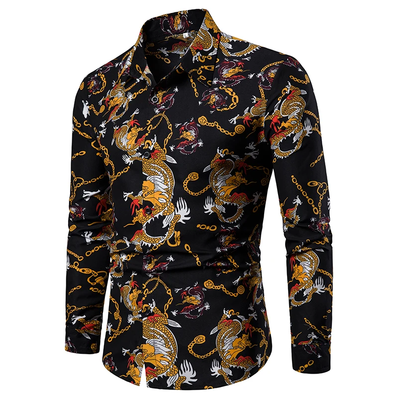 

Men's Casual Fashion Dragon Print Long Sleeve Classic Shirt