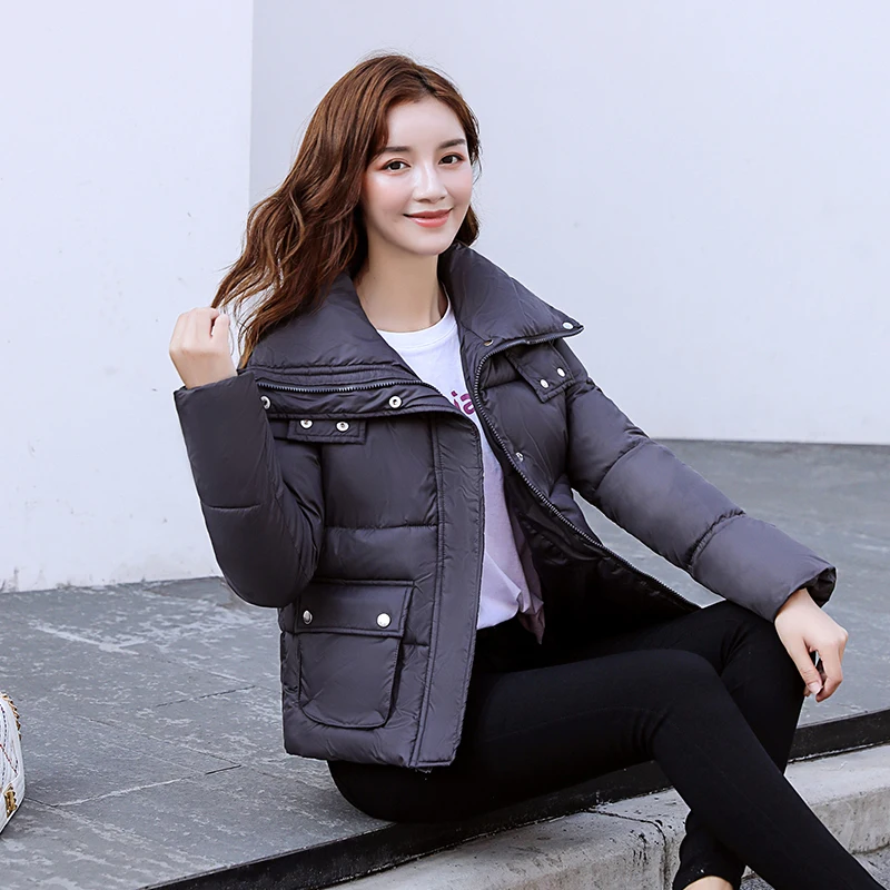 Женские парки короткая зимняя куртка с отложным воротником хлопковые пуховики