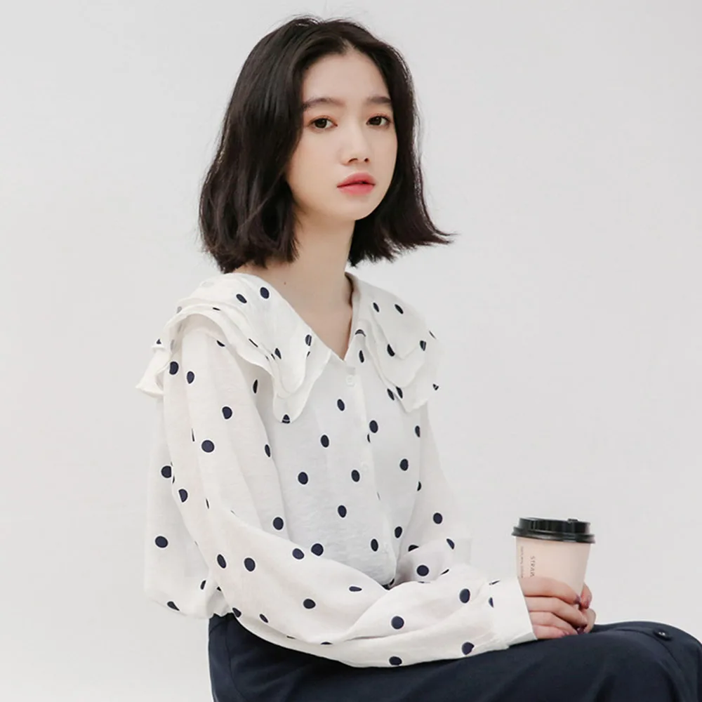 

Korean Version Japanese Blouse Spring Summer Fashion Temperament Loose Casual Chiffon Wave Point Doll Collar Long Sleeve 2021