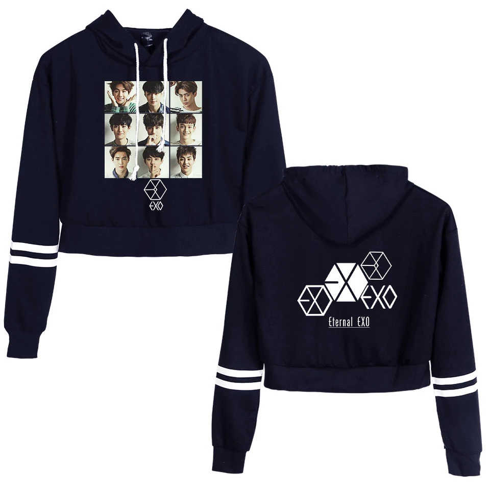 

Женский укороченный топ, толстовки с капюшоном Kpop, с принтом экзо, планета #5, Харадзюку, повседневные толстовки, одежда для фанатов спортивн...