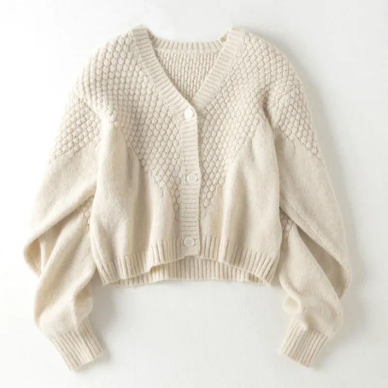

New Style for Autumn and Winter Loose Long-Sleeve Knitwear Cardigan Women's Fashion V-neck Short Section Jacket Women's Top