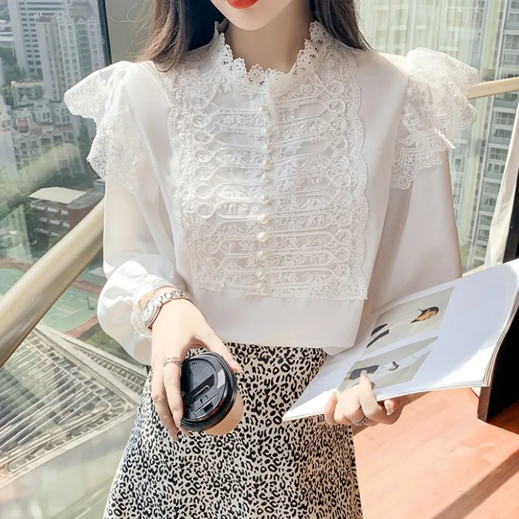 

Корейская кружевная шифоновая рубашка с оборками, элегантная Милая шикарная женская блузка с длинным рукавом-фонариком и воротником-стойк...