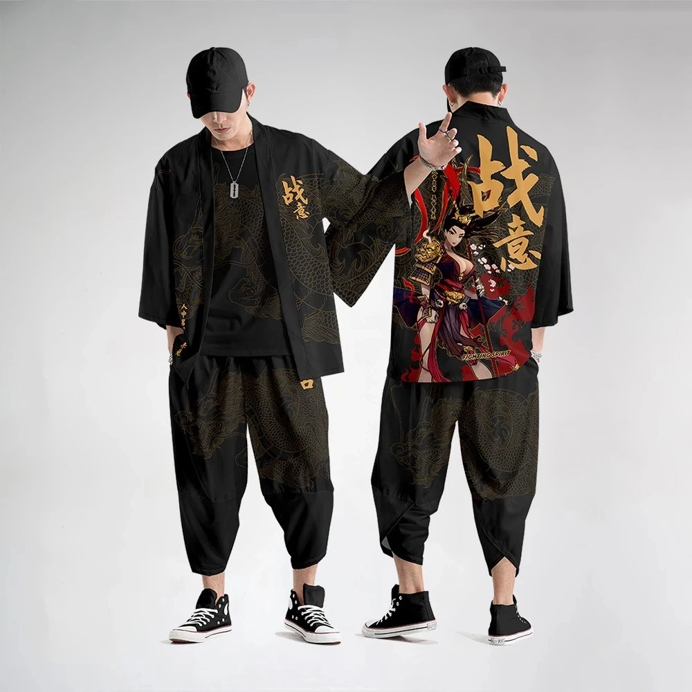 

New Chinese style printed men's kimono cardigan suit large size male yukata samurai clothing casual loose streetwear jacket pant