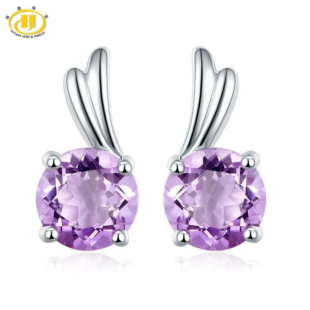 Amethyst Hutang серьги из серебра 925 Круглый 6 мм натуральный драгоценный камень аметист для Для женщин девочек Великой классический подарок ювелирные изделия крыло дизайн - Цвет камня: Amethyst