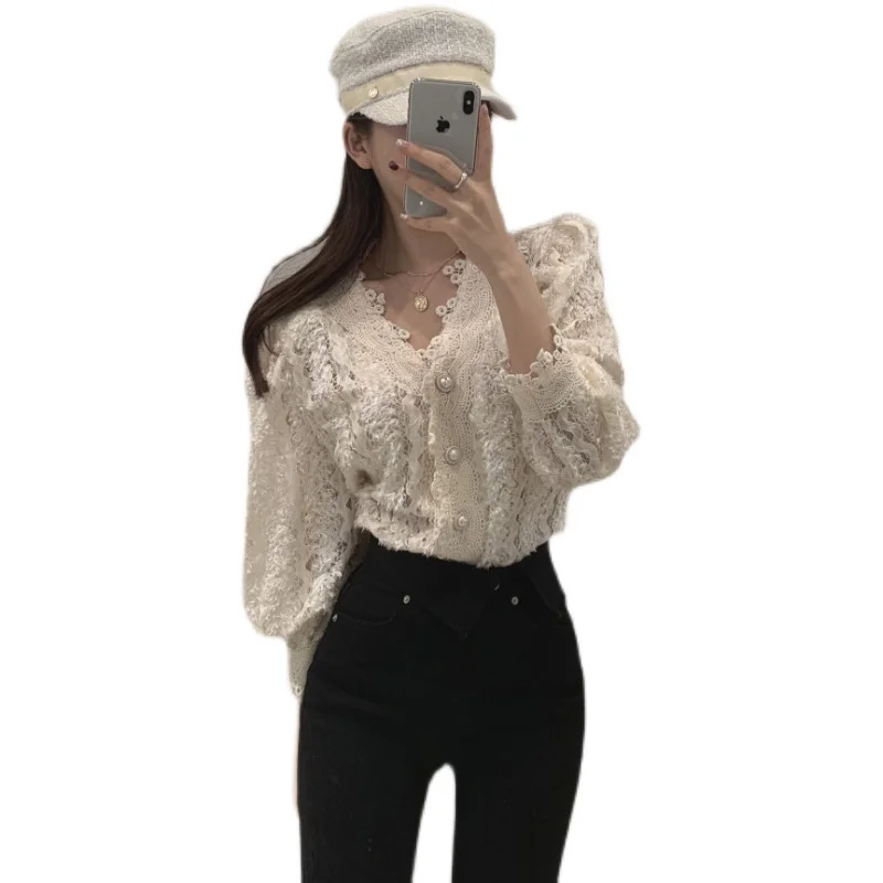 

Korean Chic French Minority Spring and Autumn Clothing Elegant Heavy Industry Slim Fit Versatile Top V-neck Lace Shirt for Women