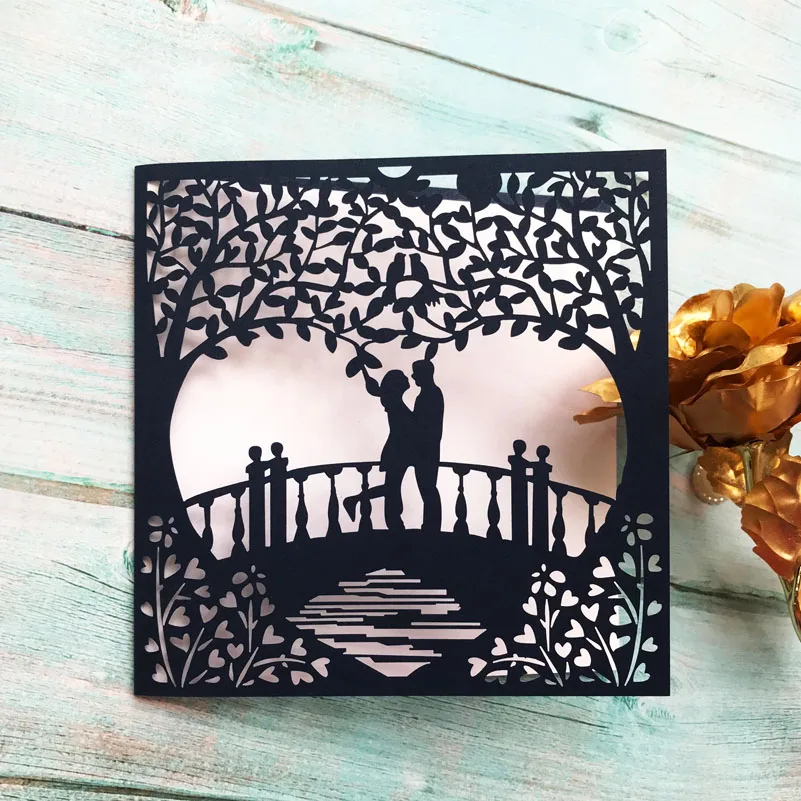 

100pcs Romantic Blue & Peach Square Laser Cut Wedding Invitations Card, Birthday Baby Shower Party Invites Card Pearl Paper