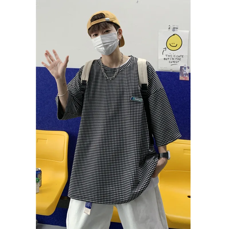 

Men's short-sleeved T-shirts 2021 summer new round neck plaid fashion loose top personality casual T-shirt campus youth men