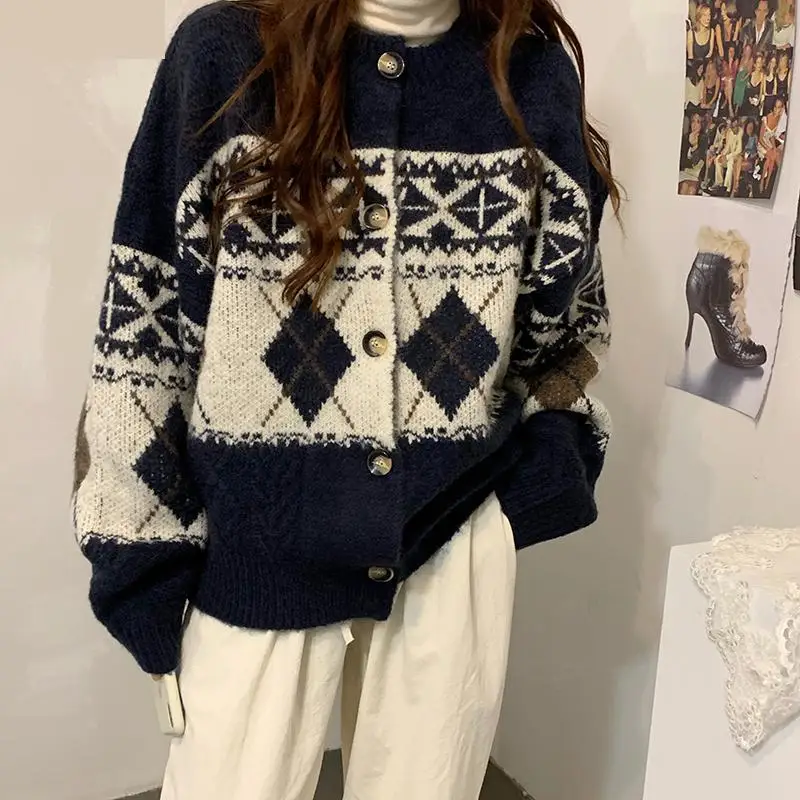 

Knitwear Cardigan 2021 Autumn Winter Oversized Outwear Chic Vintage Weater Coat O-neck Long Sleeve Weater Jackets