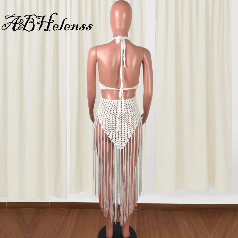 

A&BHelenss Boho Summer Beach Dress Hollow Out Fishnet Tassel Midi Dress Bikini Cover Up Slips Plain Color Holiday Outfits