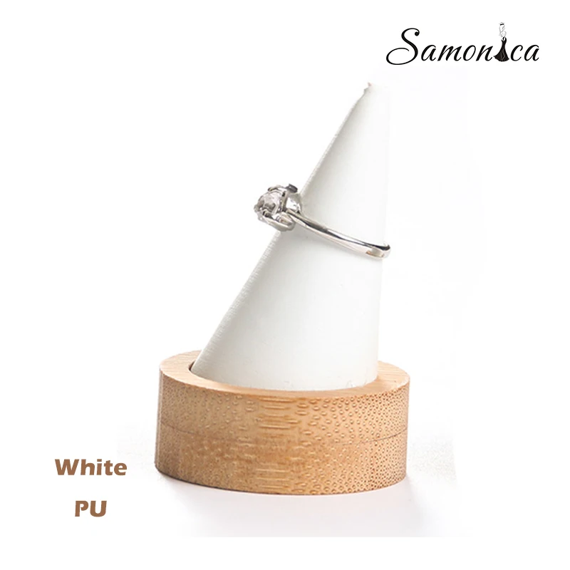 White PU Бамбуковый конический круглый низ с заостренным кольцом, стойка для хранения, кронштейн, кольцо, органайзер, дисплей для ювелирных изделий - Цвет: White PU