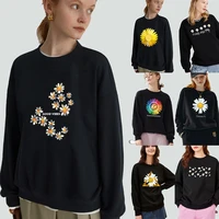 womens clothing pullover casual long sleeved sweatshirt slim classic daisy print pattern black commuter polyester o neck hoodie