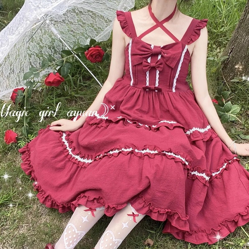 

Japanese Summer Sweet Girly Lolita Style Soft Girl Camisole Dress Kawaii Bow Ruffles Sleeveless High Waist JSK Cupcake Dress
