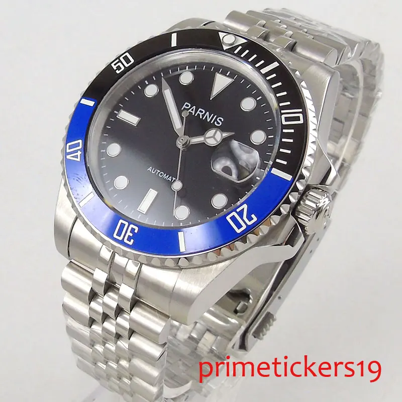 

PARNIS 40mm blue and black rotating bezel sapphire crystal man watch automatic mens watch stainless steel strap