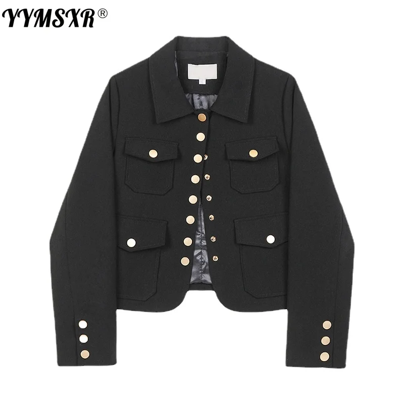 

Пиджак женский офисный однотонный на пуговицах, повседневный короткий Блейзер в Корейском стиле, пиджак с металлическими пуговицами, Осень...
