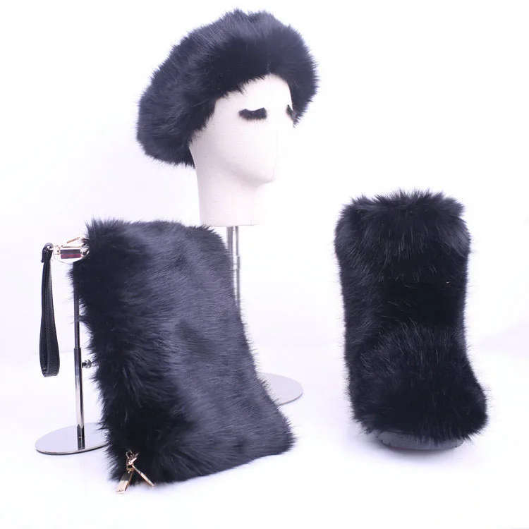 black set SWONCO/меховые сапоги; зимняя обувь; женские зимние сапоги с сумочкой; повязка на голову; Новинка года; Роскошные зимние женские сапоги на меху; высокие сапоги; обувь на меху - Цвет: black set
