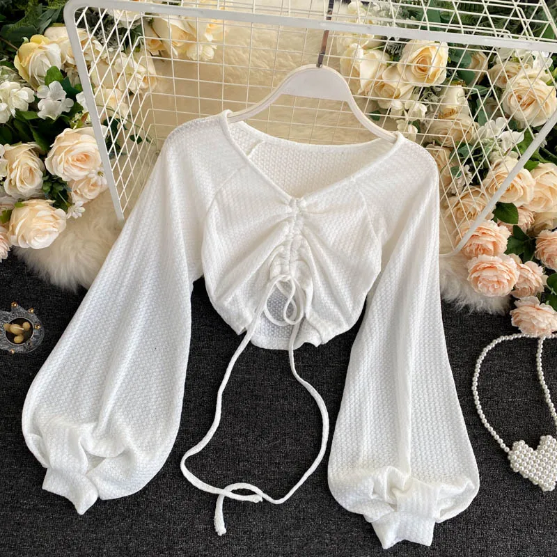 Узкие Короткие топы с пышными рукавами в европейском и американском стиле