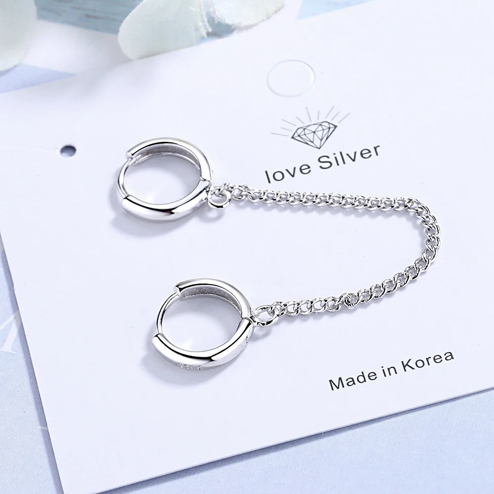 ANENJERY 1PC New 925 Sterling Silver Double Ear Hole Chain Hoop Earring For Women Minimalist Jewelry Dropshipping S-E971